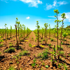 An image of a reforestation site, showing freshly planted young trees and small plants growing in previously barren soil under clear blue skies.