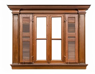 Classic wooden window with shutters showcasing craftsmanship and design in natural finish