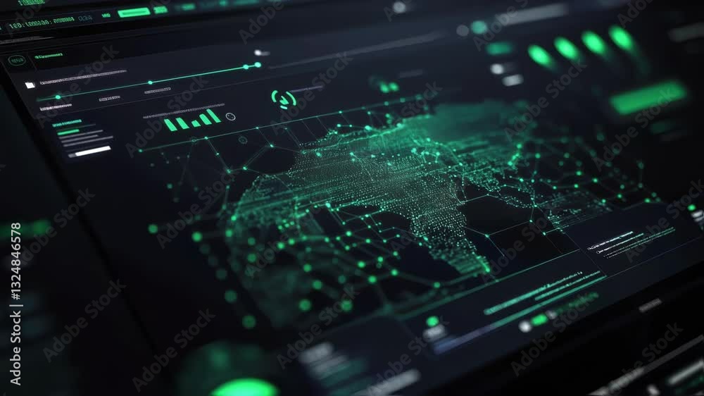 Poster complex digital world map visualization on computer screen with network connections, data points, an