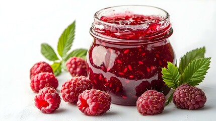Jar with delicious raspberry jam on white