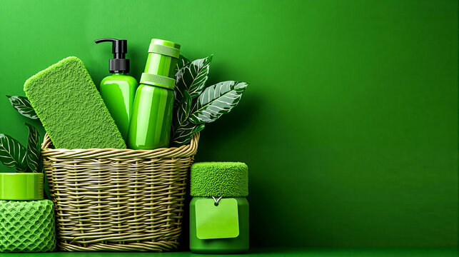 A basket filled with green products on a green background
