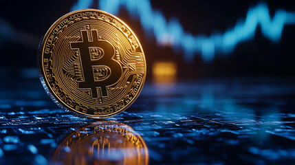 A shiny gold Bitcoin stands prominently against a blue background with a rising graph, symbolizing growth in cryptocurrency.