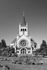 Delft old town,church in city center with reflection in the canal, Nederland