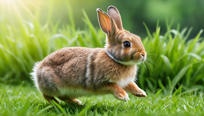 Fototapeta premium Energetic Bunny Leaping in a Green Field – Adorable and Playful Rabbit 