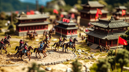 A group of toy soldiers riding horses in front of a building