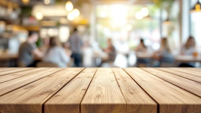 Wood table top with Restaurant cafe or coffee shop interior with people abstract defocused blur background. 4k Video. generated with AI