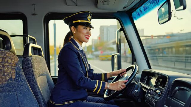 charming chinese woman bus driver driving