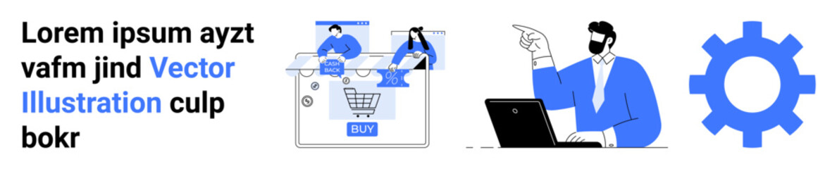 Working professional pointing while using laptop, digital shopping cart interface, and large gear. Ideal for e-commerce, digital marketing, online shopping, software development, business strategy