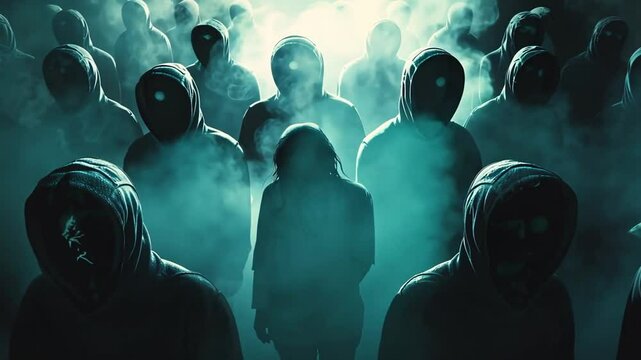 Gruppe von unheimlichen maskierten Gestalten umringt Opfer