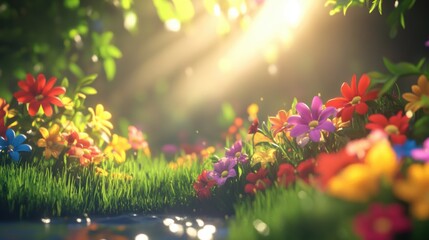Obraz premium Beautiful colorful wild flowers in deep foggy forest with sun light in Spring.