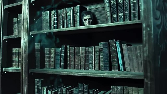 Gruselige Puppe schaut aus B&uuml;cherregal
