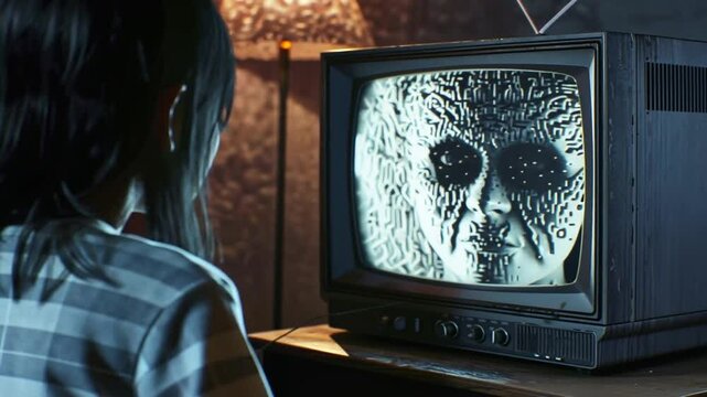 Frau sitzt vor flackerndem Fernseher mit verzerrtem Gesicht