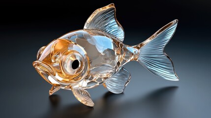 A blue glass fish model displays intricate details with bright highlights and a metallic sheen, set against a striking black background