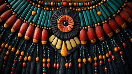 Detailed view of Naga jewelry the Hornbill Festival showcasing handcrafted metalwork vibrant beaded necklaces and cultural motifs arranged artistically