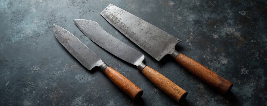 Three vintage steel chef knives with wooden handles lie on dark gray stone background. Butcher equipment for meat cutting. Sharp cleaver close-up with space for barbecue bar menu. Kitchenware concept.