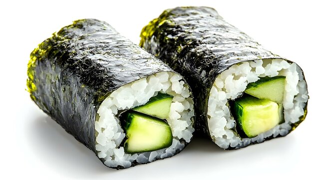 Two sushi maki rolls with avocado cucumber