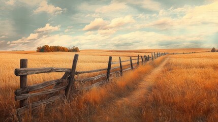 Obraz premium Rustic wooden fence bordering a field of golden wheat on a sunny day