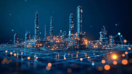 Fototapeta premium Oil production low poly wireframe banner template. Polygonal naphtha industry, earth mining, mineral resource extraction mesh art illustration. 3D oil refinery, plant equipment with connected dots