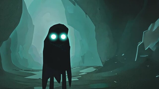 Leuchtende Augen eines unbekannten Wesens in einer dunklen H&ouml;hle