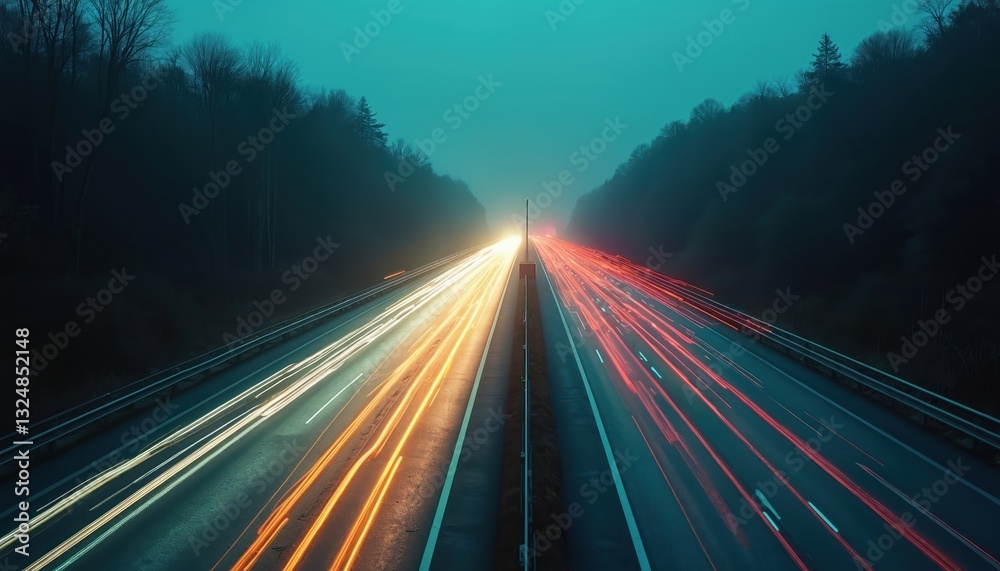 Fototapete Futuristic highway at dusk with light trails from speeding cars. Neural network data streams, AI, autonomous driving. Road disappearing into distance between dark forest hills. Modern transport tech