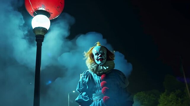 Horrorclown unter Stra&szlig;enlaterne mit b&ouml;sem Blick