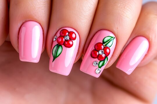 A woman's hand holding a pink manicure with a cherry design on it