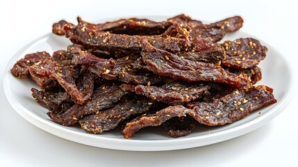 Plate with spicy beef jerky on white background