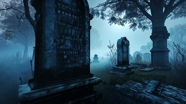 Nebliger Friedhof mit alten Grabsteinen in der D&auml;mmerung