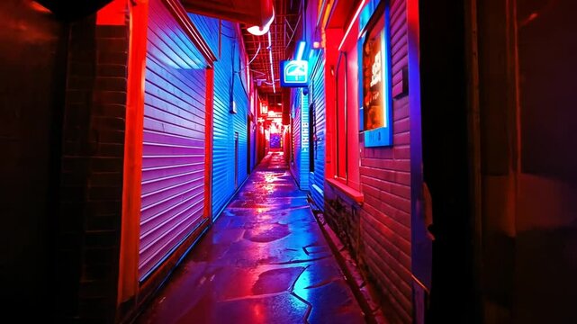 Neonbeleuchtete enge Gasse mit dunkler Atmosph&auml;re