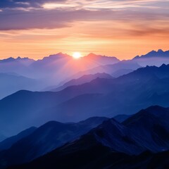 Mountain landscape. Sunrise over the mountain range. Vector illustration.