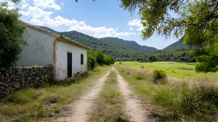 Obraz premium Dirt Road Leading To A White House And Green Field With Mountain Background Under Blue Sky In Daylight