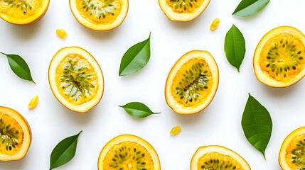 Flat lay of Yellow passion fruit with cut
