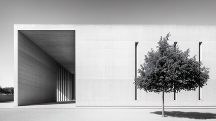 Minimalist white building with open entrance and lone tree, black and white modern architecture