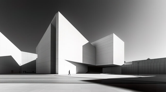 Black and white modern architectural structure with angular walls and lone person walking