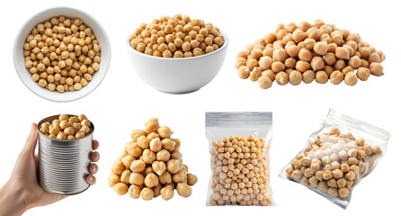 Fototapeta premium Chickpea chick pea, garbanzo bean seed plant vegetable, many angles view, tin can, white bowl, plastic foil sealed pack, pile stack isolated on transparent cutout, PNG file. Mockup template for design