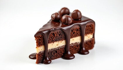 Chocolate cake slice with chocolate truffle topping, delicious dessert. Brown cake layers with white vanilla cream. Dripping icing, sweet decadent treat, cocoa flavor. Bakery confections, birthday