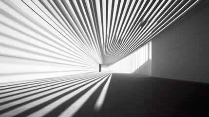 Futuristic monochrome hallway with converging light and shadow patterns, abstract perspective