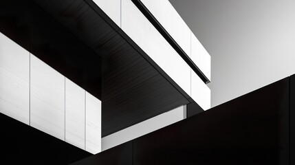 Black and white modern building with sharp geometric angles and strong light and shadow contrast