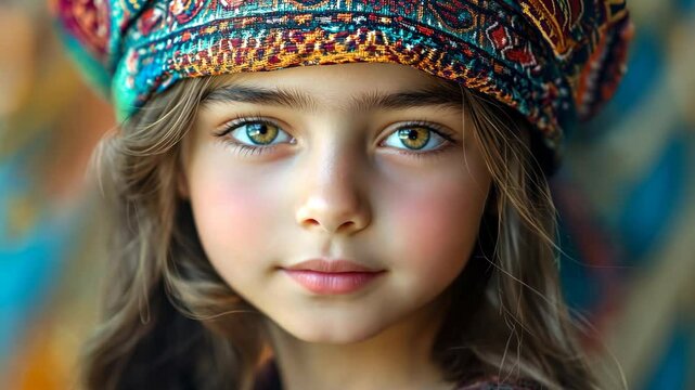 Lovely child with colorful headscarf capturing innocent expression in soft focus
