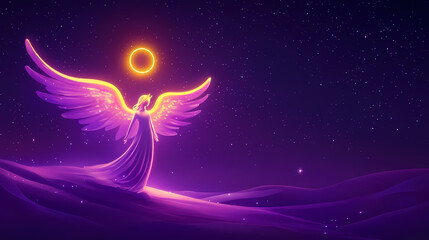 A glowing angel figurine with a golden halo gently floating above a sea of stars on a plain midnight purple background. midnight plains. illustration. Midnight Shine. Illustration