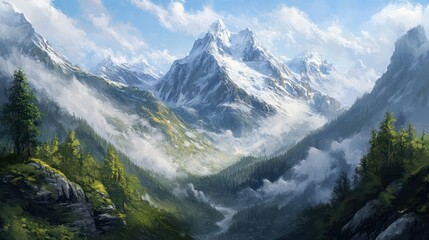 Obraz premium Majestic snow covered mountain range landscape scene under a blue sky