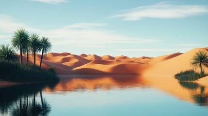 Calm desert oasis featuring water palm trees and sand dunes