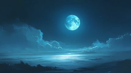 A large blue moon is shining brightly in the sky above a cloudy night. Midnight Shine. Illustration