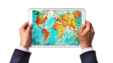 Businessman holding tablet showing colorful world map on transparent background