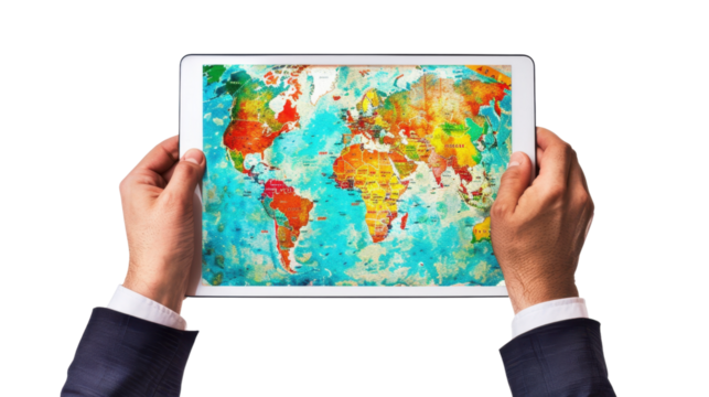 Businessman holding tablet showing colorful world map on transparent background - Powered by Adobe