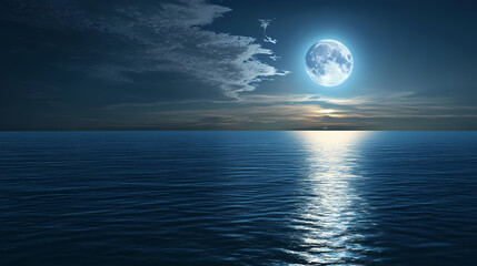 A serene blue moon illuminates the dark night sky, reflecting softly on calm ocean waters. Midnight Shine. Illustration