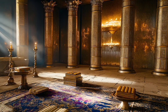 View inside the Holy Place of the Sanctuary described in the book of Moses. Exodus, Old Testament. Showbread, Lampstand, and Altar of Incense.