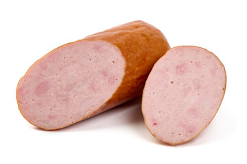 Whole smoked sausage in natural casing, isolated on white background.