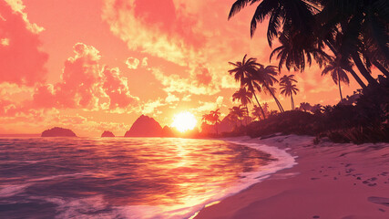 Tropical beach landscape with palm trees and sunset over the ocean