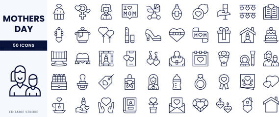 A collection of minimalistic line icons themed around Mother's Day, featuring gifts, symbols of love, and maternal figures.